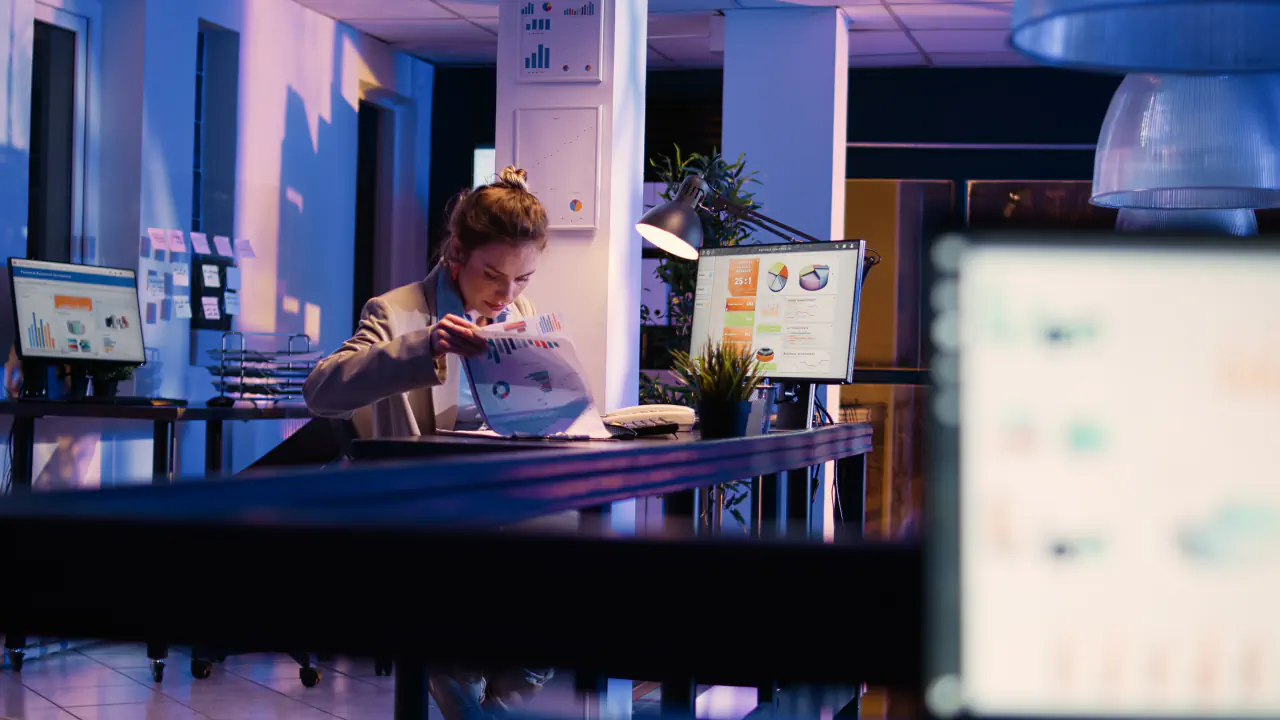 Marketing analytics workstation at night